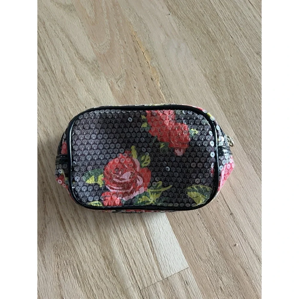 Betsey Johnson Cosmetic Pouch Makeup Bag Sequins Rose Floral Black Cute Vacation